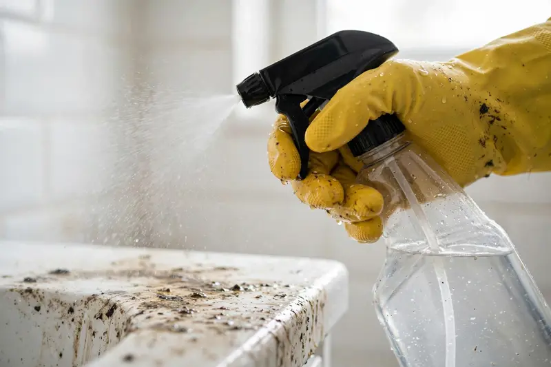 Gloved hand spraying disinfectant during sewage sanitization and disinfection