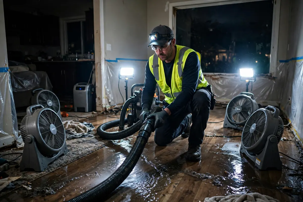 Emergency sewage backup cleanup in progress at night, with an extraction hose and drying fans in a Haltom City home